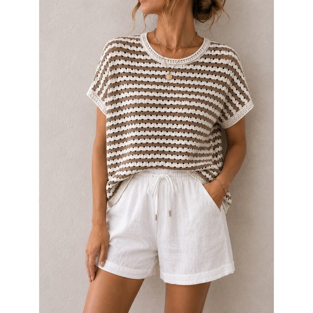 WORLD MARKET Crochet Striped Sweater Poncho Neutral Coastal Boho Knit Top S/M